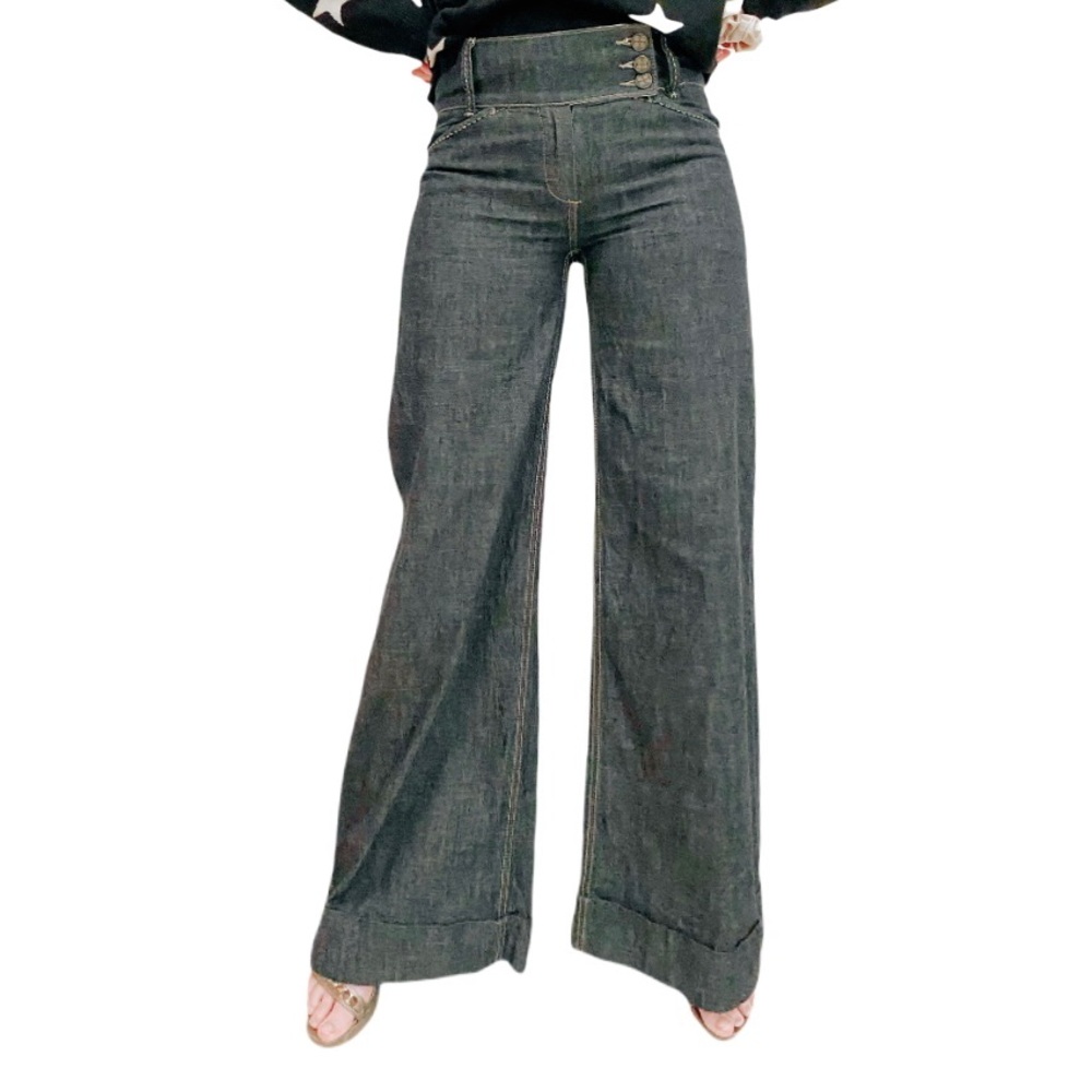 VINTAGE BCBG MAX AZRIA JEANS DENIM PANTS GRAY WASH COTTON WIDE LEG SZ 27 CUFFED